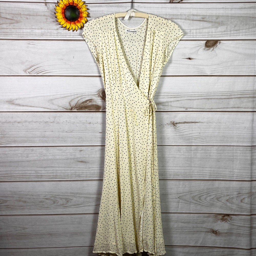 Reformation Cream Black Polka Dot Wrap Midi Dress V-Neck‎ M